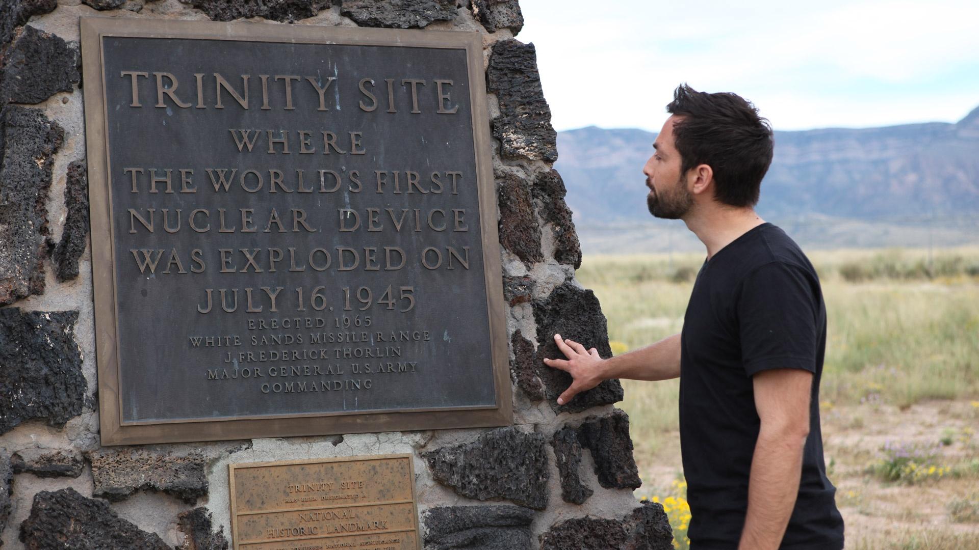 Dr. Derek Muller at the Trinity launch site in New Mexico.
