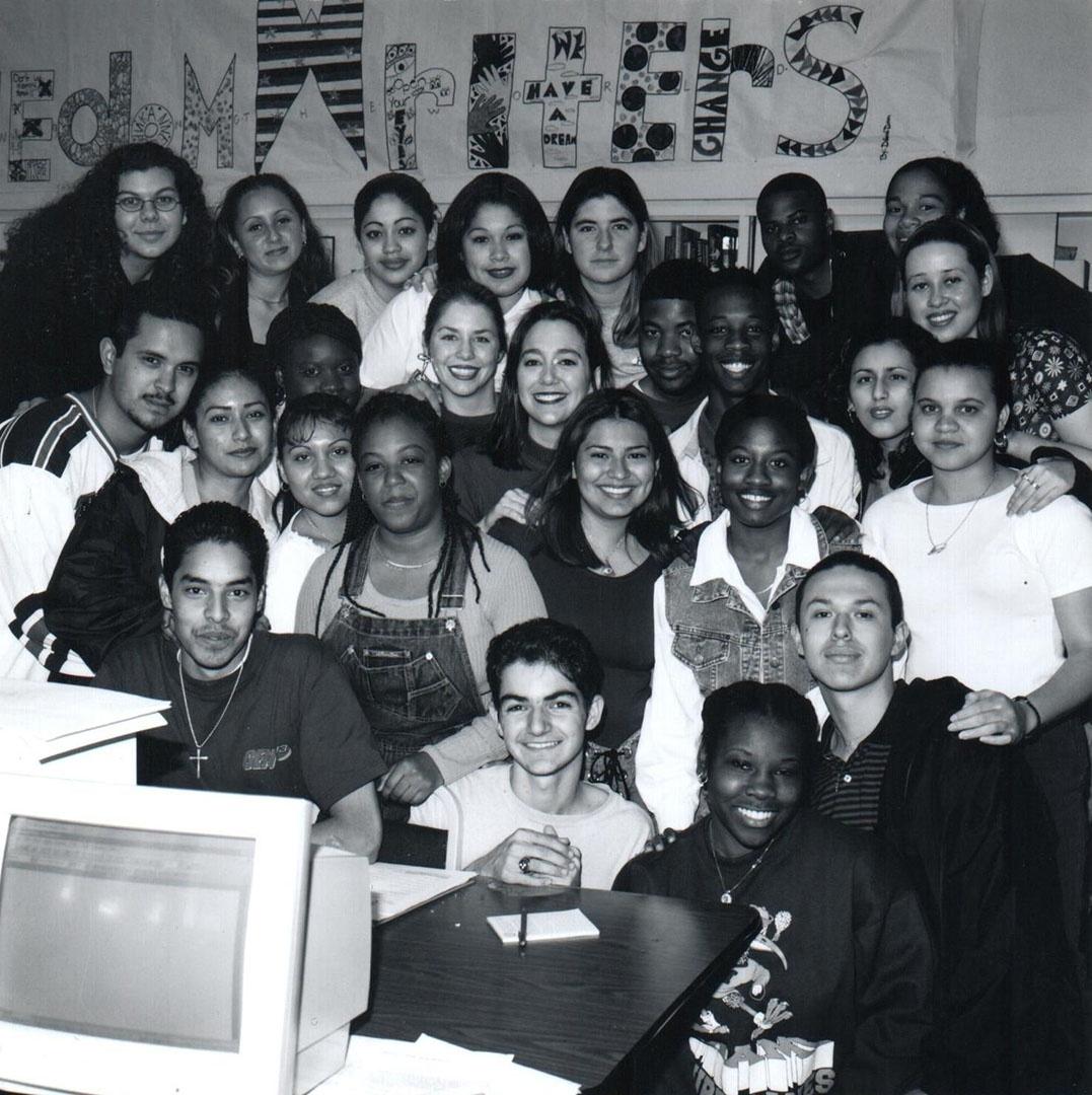 Still image of Erin Gruwell and her students