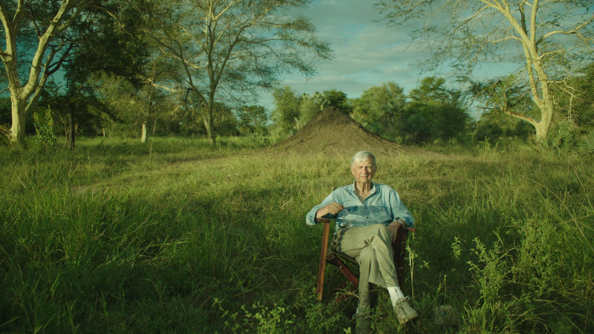 E.O. Wilson sitting in front of an anthill in Gorongosa National Park in Mozambique.