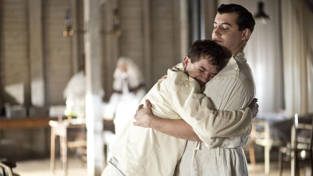 (L-R) Jimmy Foley (Billy Cook) and Corporal Peter Foley (Jack Gordon) in a scene from Episode 6.