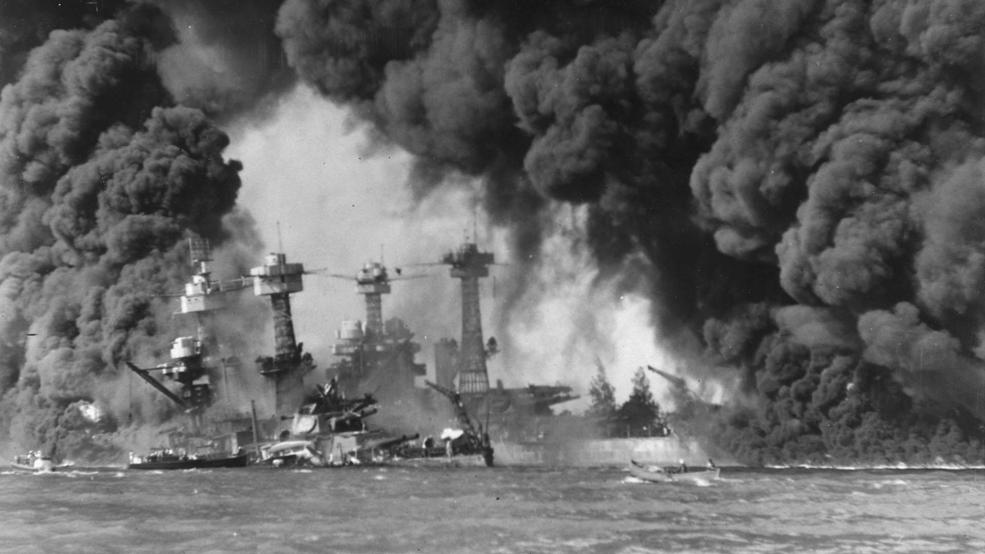 Battleships USS West Virginia and USS Tennessee after the Japanese attack on Pearl Harbor.