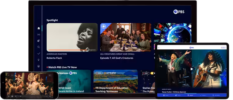PBS content being displayed on a phone, TV, and tablet.