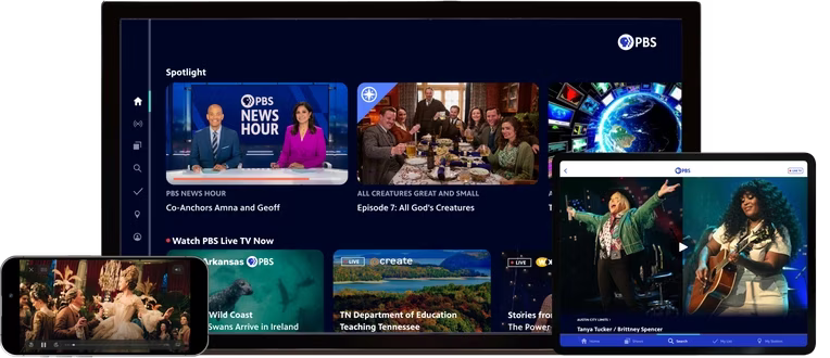 PBS content being displayed on a phone, TV, and tablet.