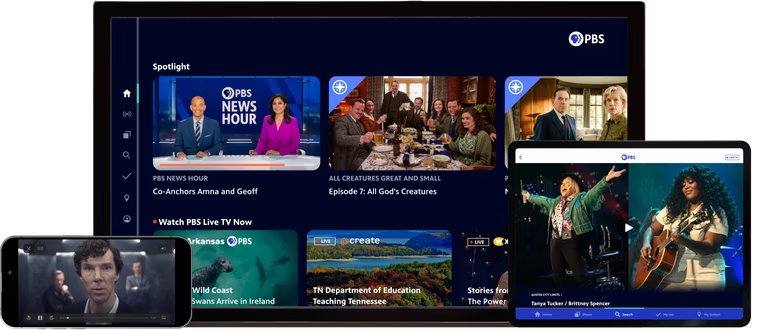PBS content being displayed on a phone, TV, and tablet.