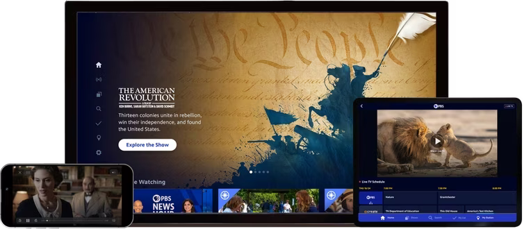 PBS content being displayed on a phone, TV, and tablet.