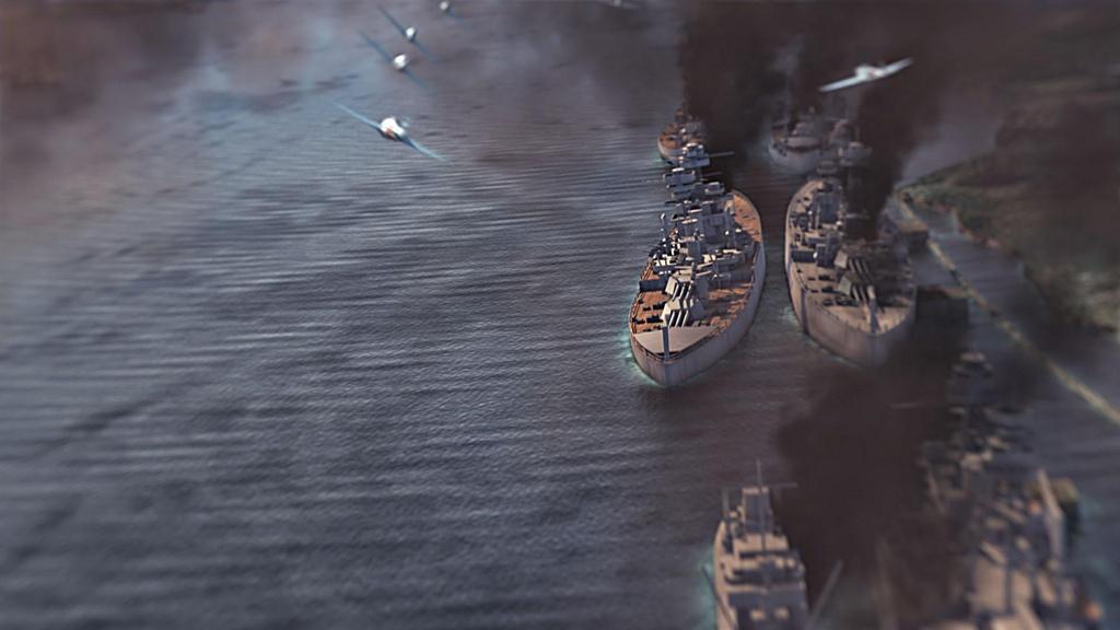 Animation showing Japanese planes fly over battleship row during Pearl Harbor attack.