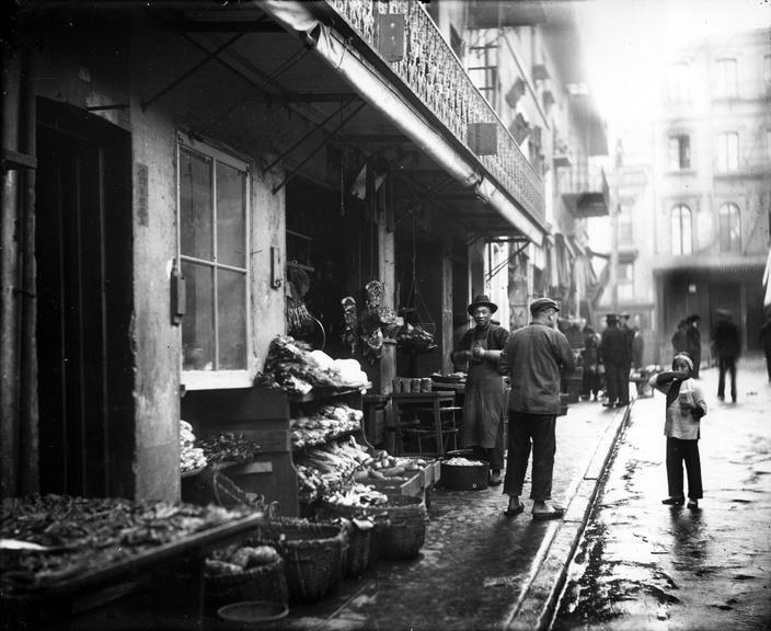 Storefront of Chinatown meat and vegetable market, San Francisco, California, 1895