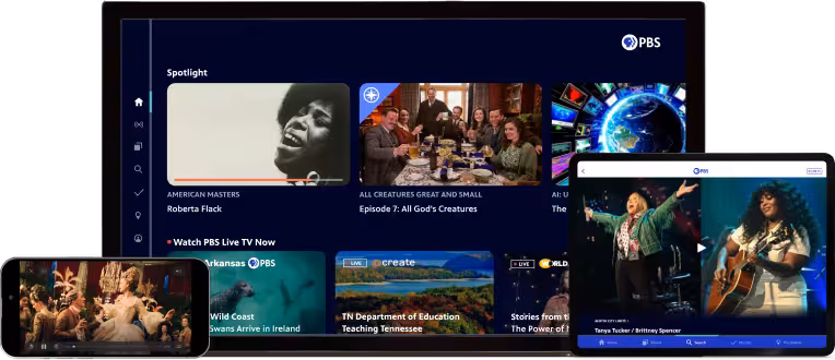 PBS content being displayed on a phone, TV, and tablet.