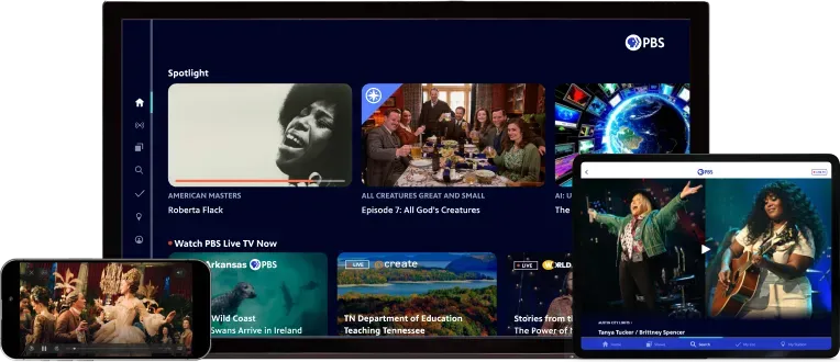 PBS content being displayed on a phone, TV, and tablet.