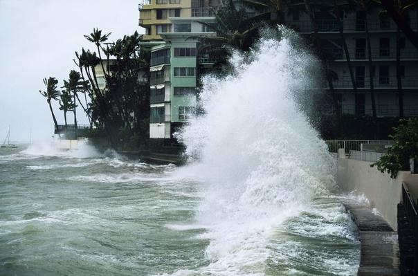 Hurricane Iniki storm waves crash over bank near hotels, 1992 | Natural ...