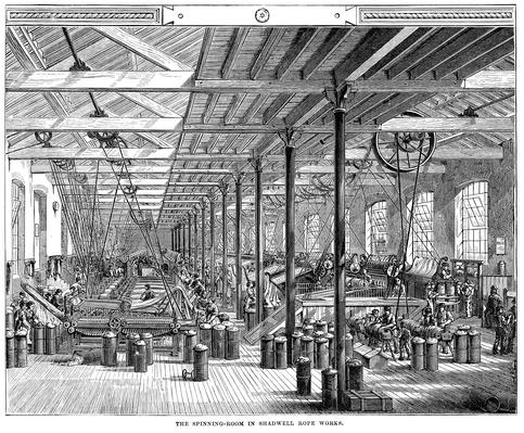 Spinning Room in Shadwell Rope Factory | Industrial Revolution | Social ...