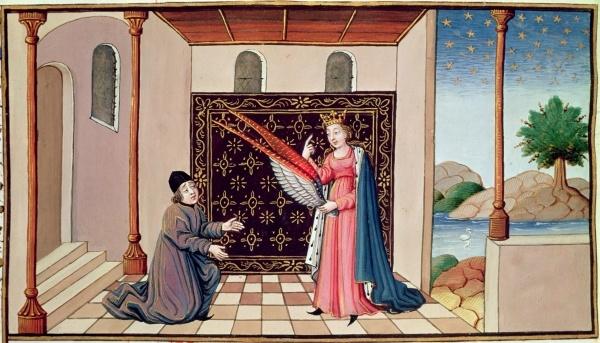 Ms 3045 fol.68v Lady Philosophy offers to Boethius the wings that will  enable his mind to fly aloft | PBS LearningMedia