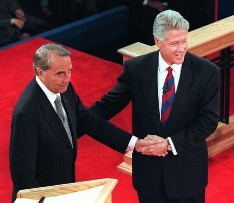 President Bill Clinton and Republican Candidate Bob Dole Shake Hands