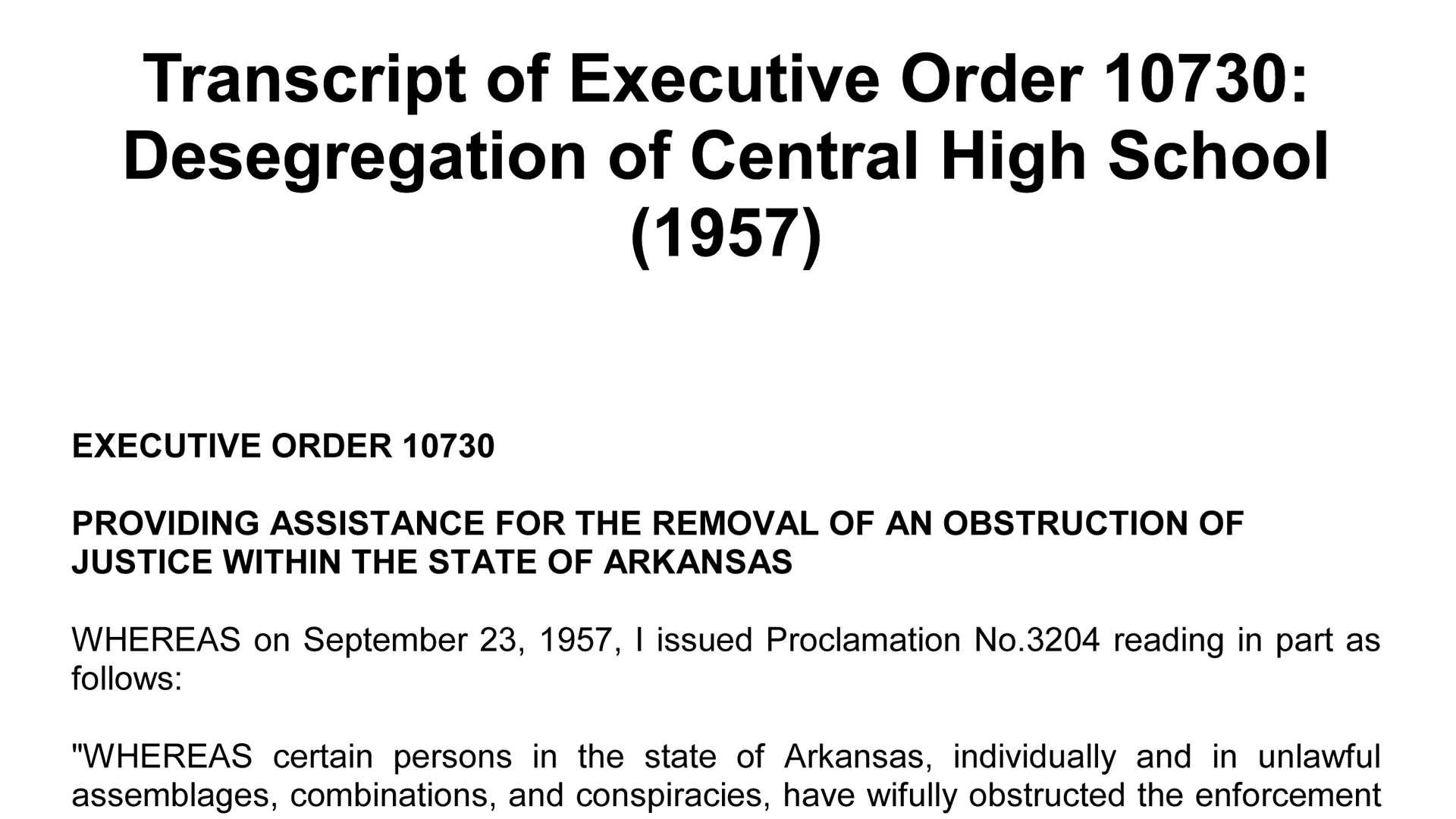 Executive Order 10730: Desegregation of Central High School (1957 