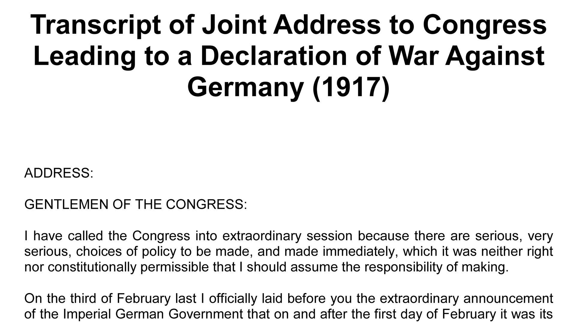 Joint Address to Congress Leading to a Declaration of War