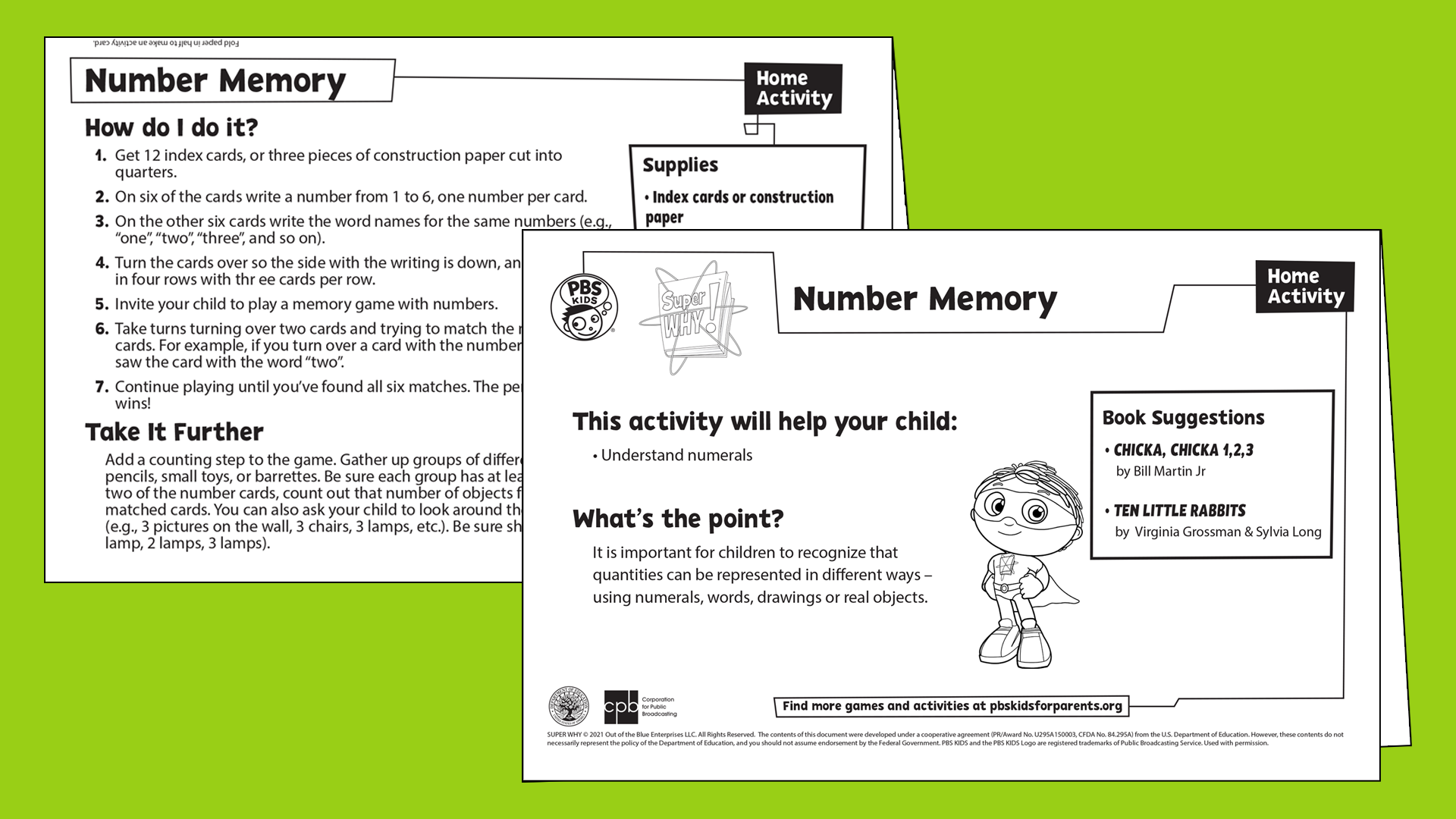 Number Memory Home Activity, Super Why!