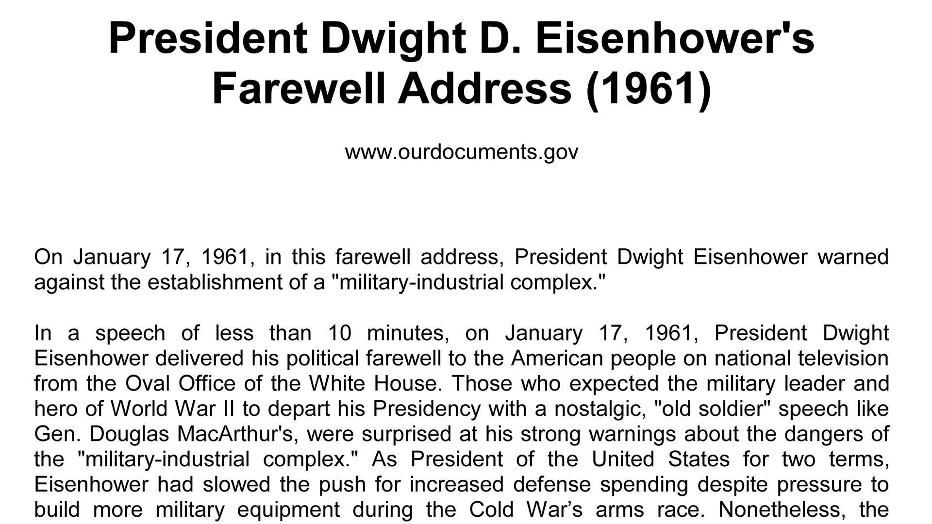 President Dwight D. Eisenhower's Farewell Address (1961) and Resource  Materials | PBS LearningMedia, image size:1920x1080