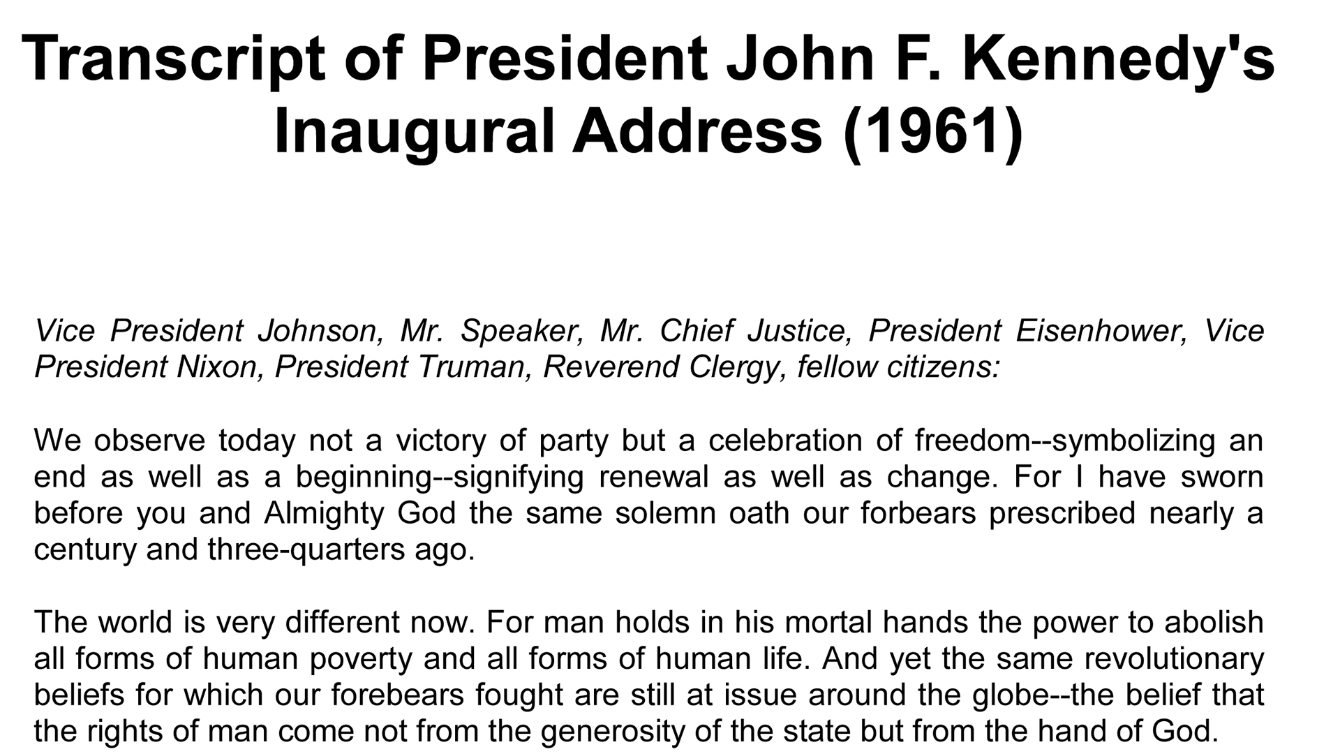 President John F Kennedy S Inaugural Address 1961 And Resource Materials Pbs Learningmedia