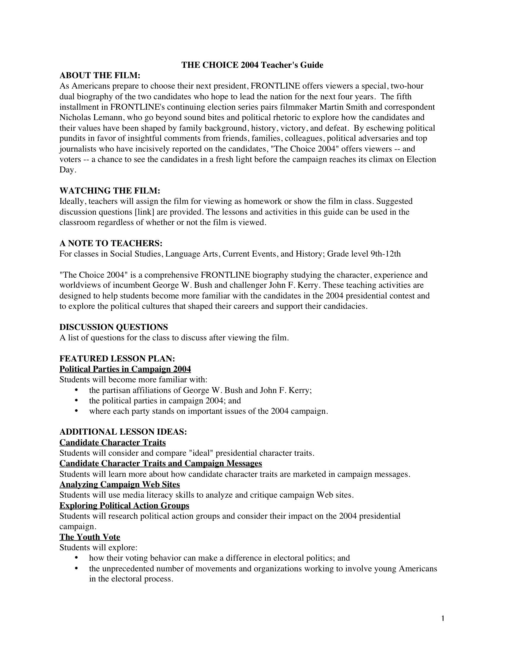 The Choice 2004 Teachers Guide Pbs Learningmedia - 
