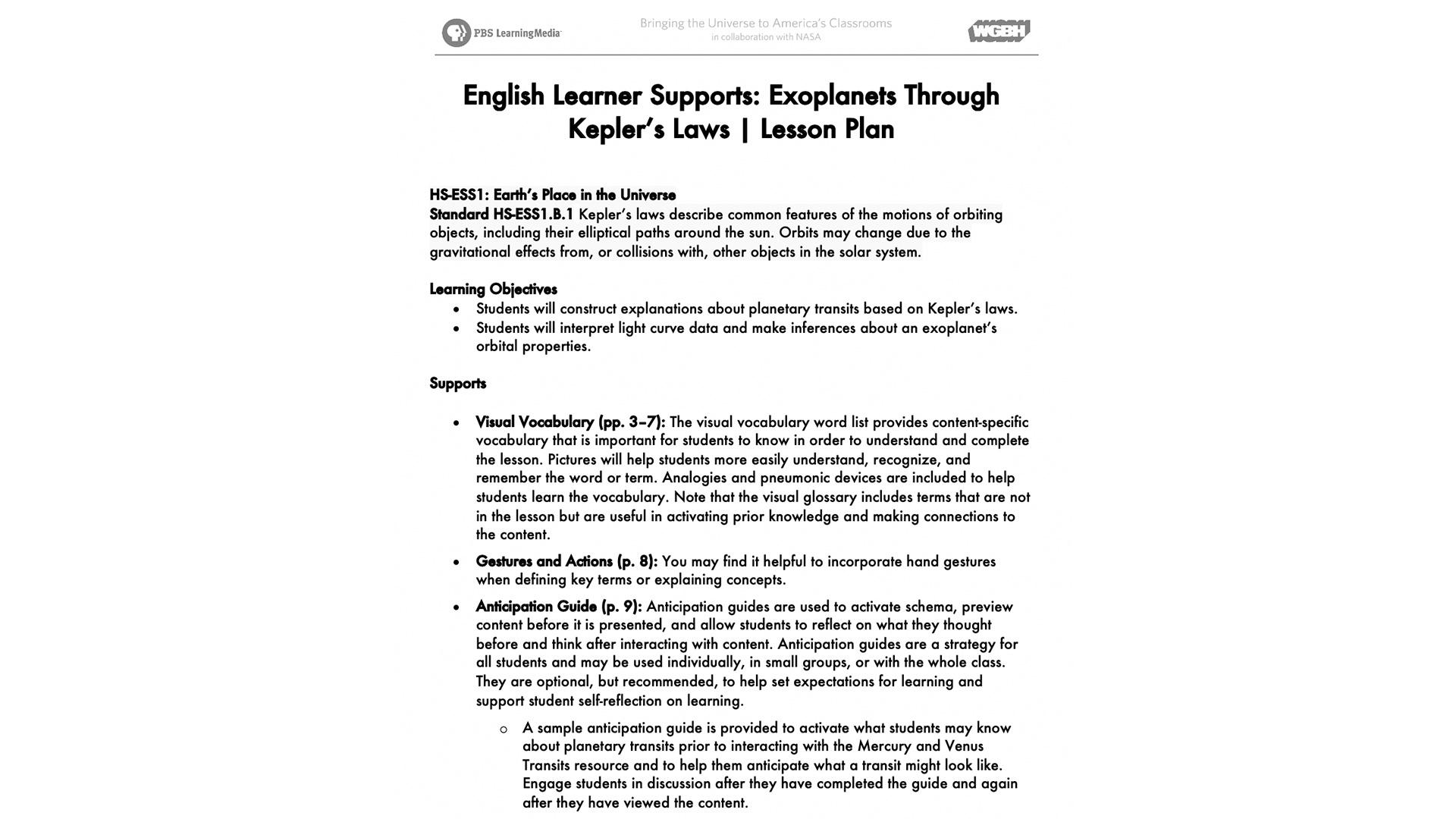 Exoplanets Through Keplers Laws Lesson Plan Pbs