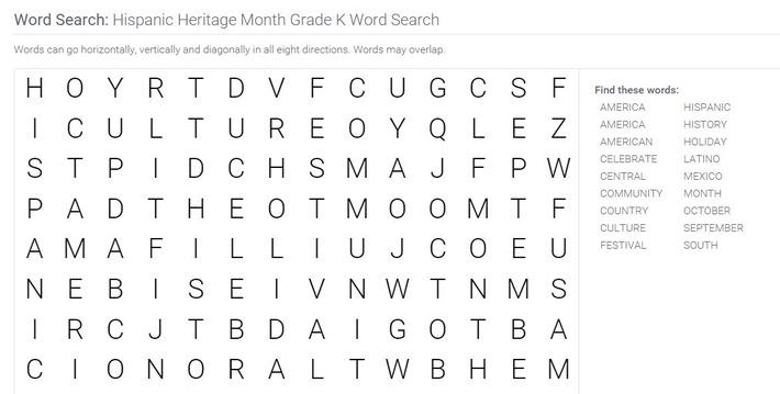 Hispanic Heritage Month | Grade K Word Search | Social Studies