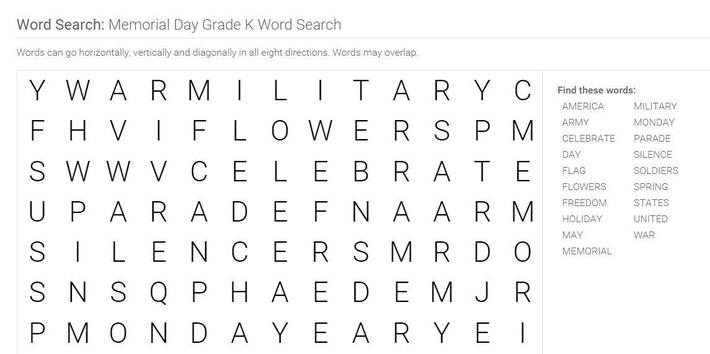 Memorial Day Grade K Word Search PBS LearningMedia