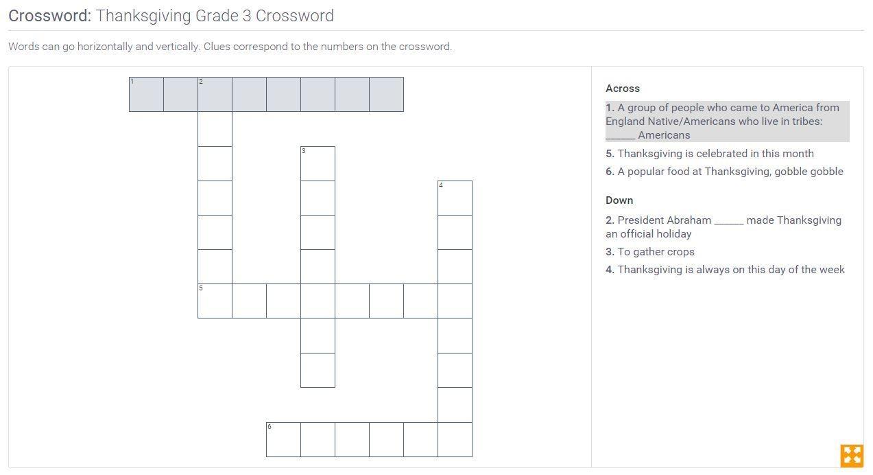 Thanksgiving Grade 3 Crossword Pbs Learningmedia