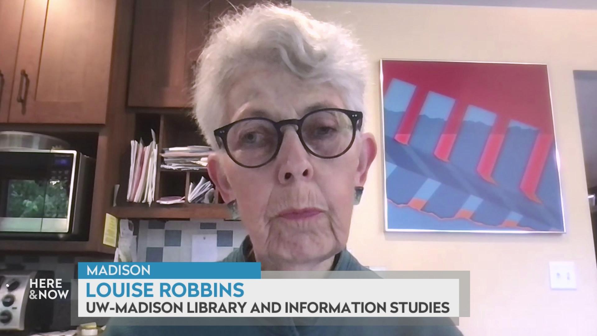 A still image from a video shows Louise Robbins seated in front of wooden cabinets with papers and a framed red and blue art piece with a graphic at bottom reading 'Madison,' 'Louise Robbins' and 'UW-Madison Library and Information Studies.'