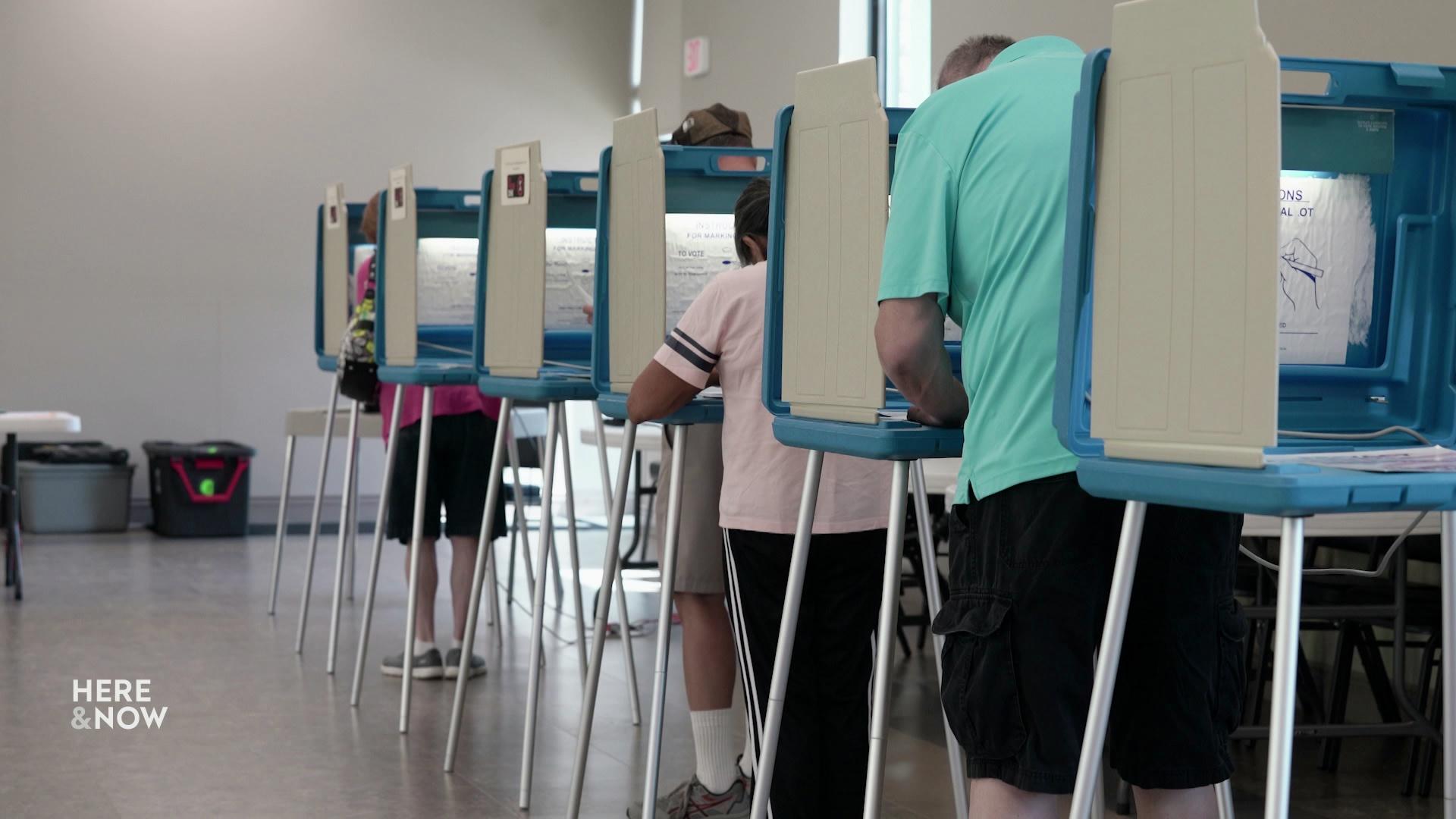A still image shows a row of voting polls with people standing and writing at different booths.