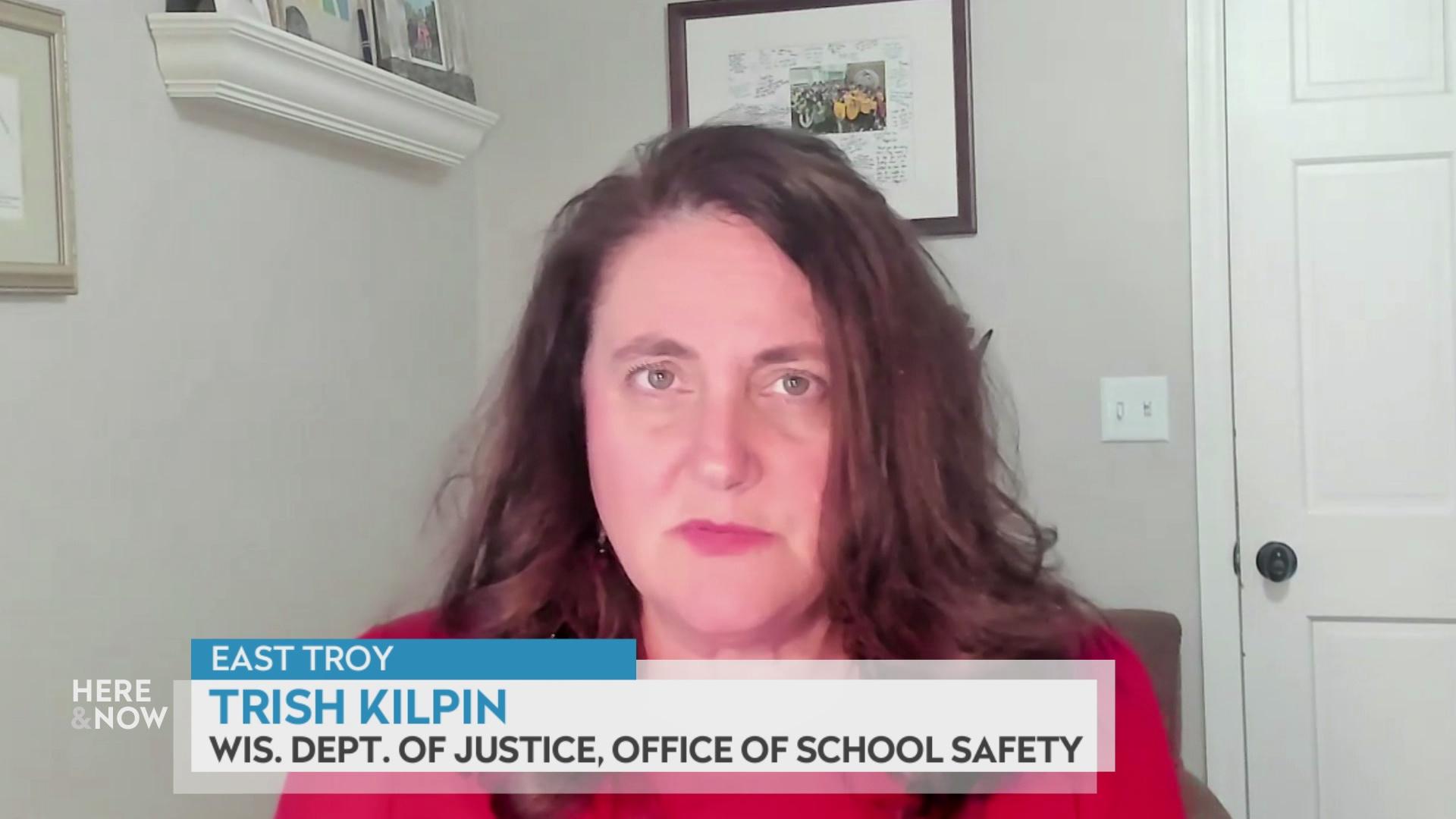 A still image from a video shows Trish Kilpin seated with framed artwork on a wall and a shelf holding items with a graphic at bottom reading 'Easy Troy,' 'Trish Kilpin' and 'Wis. Dept. of Justice, Office of School Safety.'