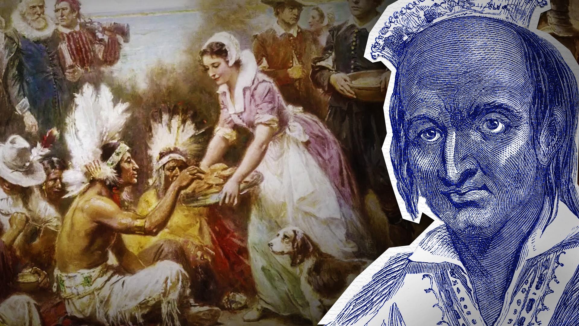 A sketch of King Philip with a paiting for an indigenous group, depicting the "first Thanksgiving."