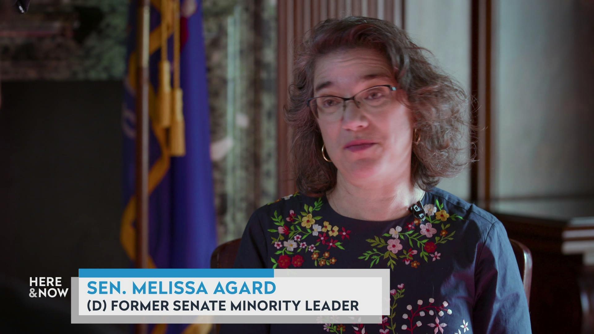 A still image from a video shows Melissa Agard seated in front of a marble wall and Wisconsin state flag with a graphic at bottom reading 'Sen. Melissa Agard' and '(D) Former Senate Minority Leader.'