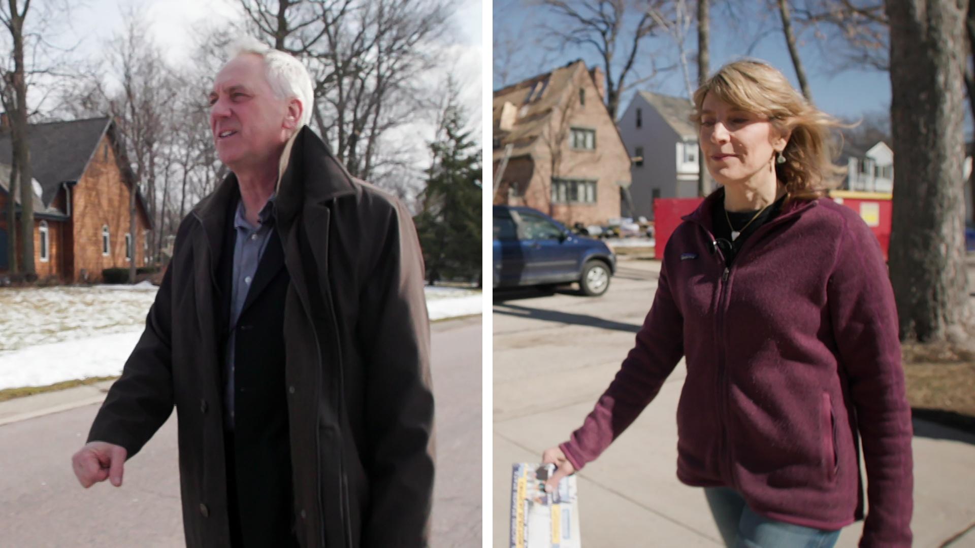A graphic shows two side-by-side images of Dan Knodl and Jodi Habush Sinykin walking outside with houses in the background.