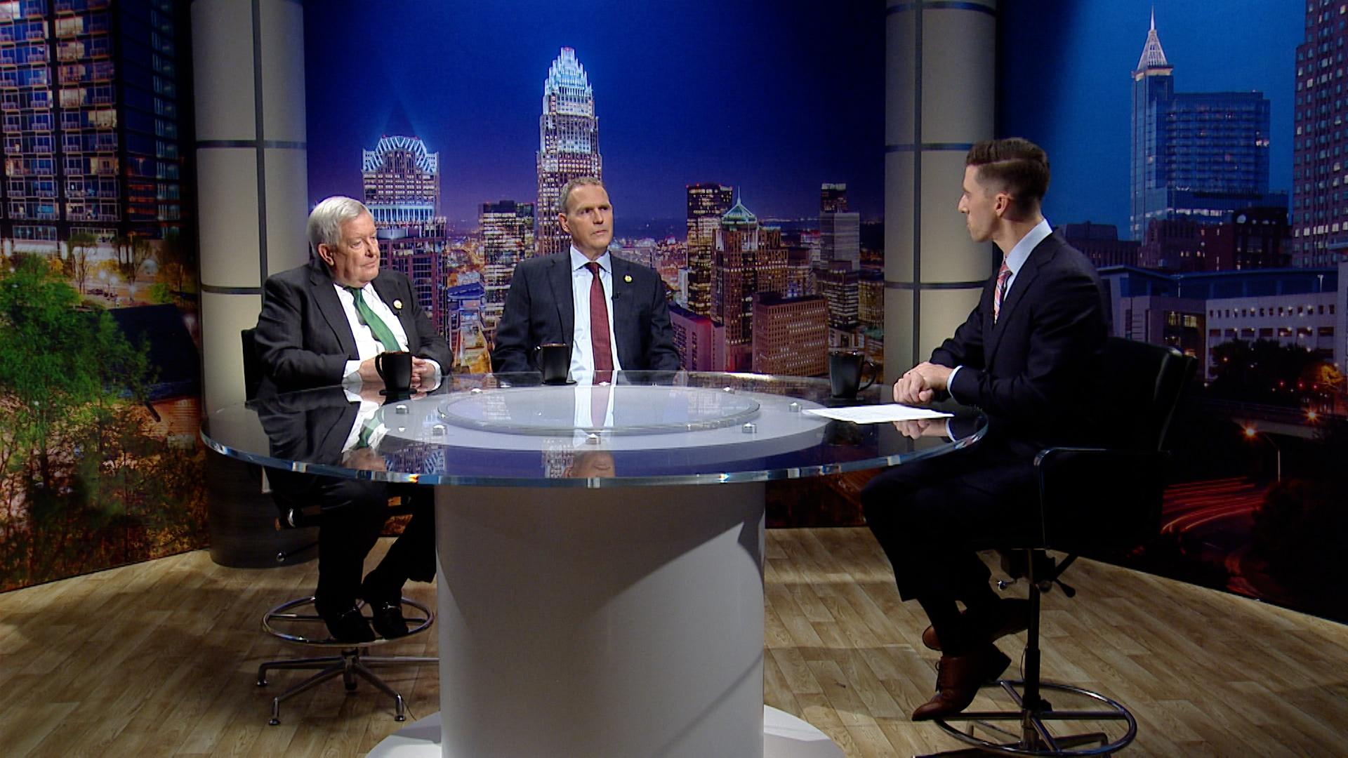 Candidates for NC Court of Appeals Judge Seat 1, John Arrowood (D) and Michael Byrne (R) sitting across from host David Hardy.