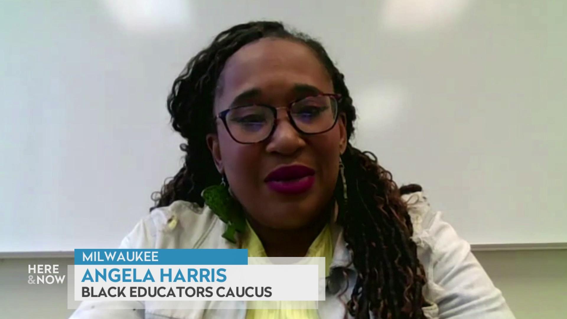 A still image from a video shows Angela Harris seated in front of a whiteboard with a graphic at bottom reading 'Milwaukee,' 'Angela Harris' and 'Black Educators Caucus.'