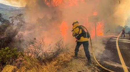 Video thumbnail: PBS NewsHour Raging Calif. wildfires strand people, prompt power outages