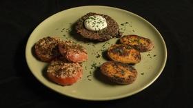 Video thumbnail: Fit to Eat Black Bean Dijon Burger with Sweet Potato Crisps
