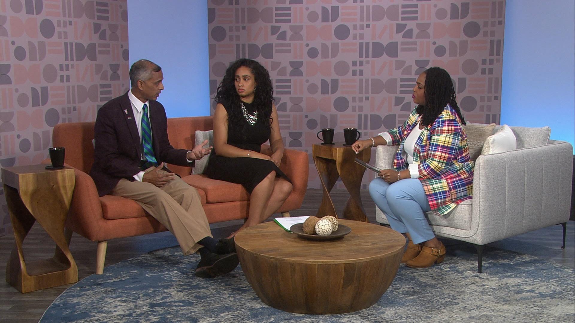 Host Kenia Thompson and guest on the set of Black Issues Forum.