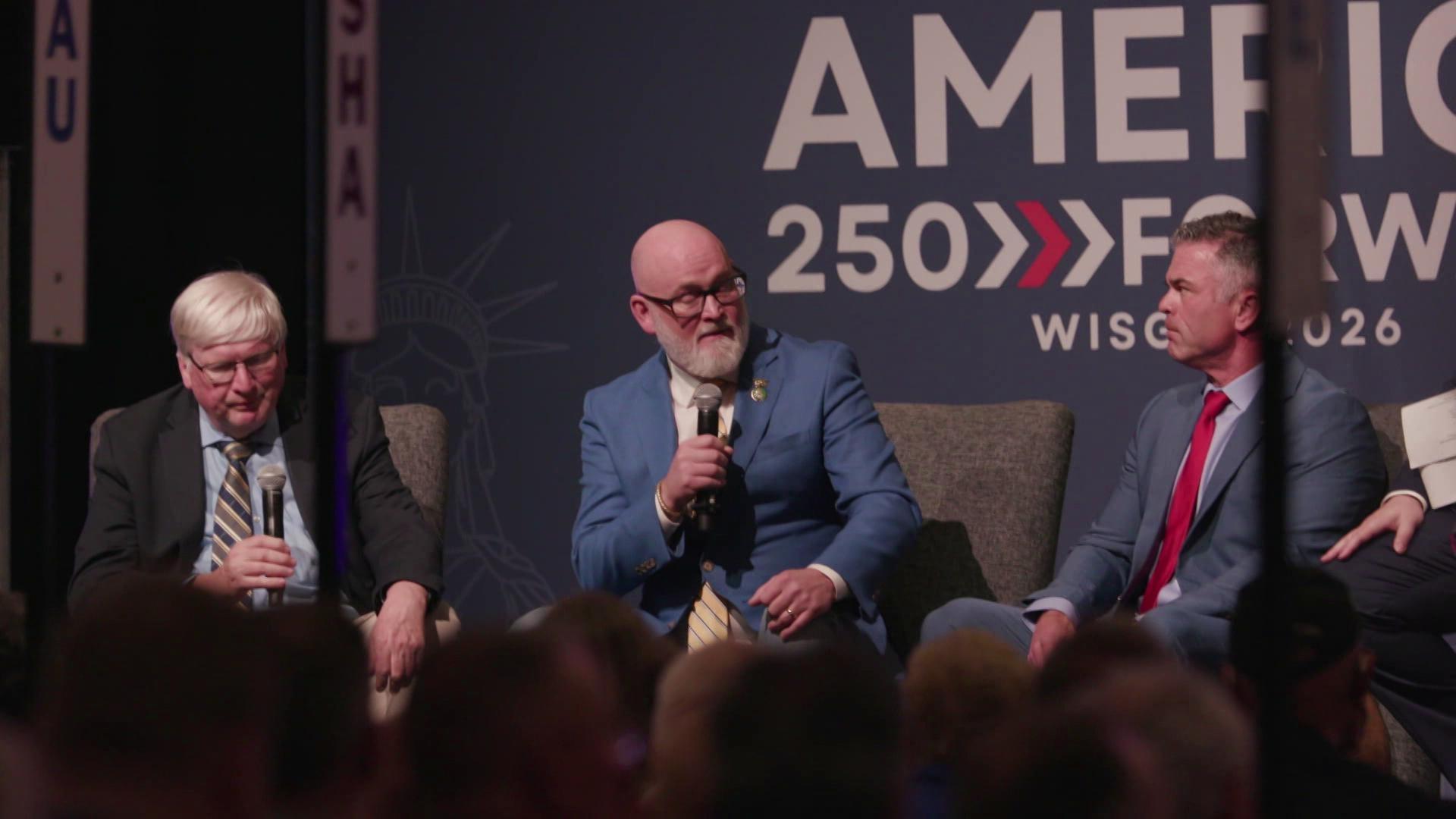 A still image shows from left to right U.S. Reps.Glenn Grothman, Derrick Van Orden and Tony Wied seated at a panel at the Wisconsin GOP convention.