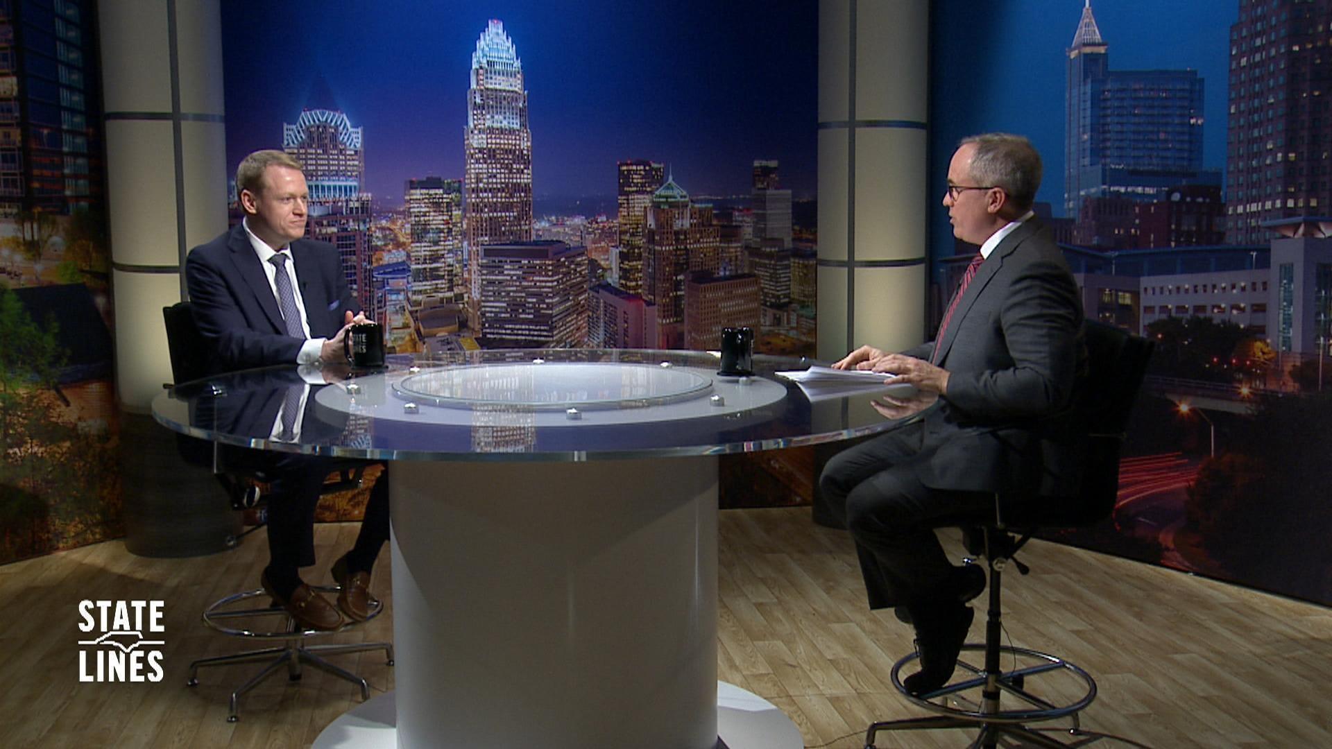 NC House Speaker Destin Hall (R-District 87) across from State Lines Host Kelly McCullen.