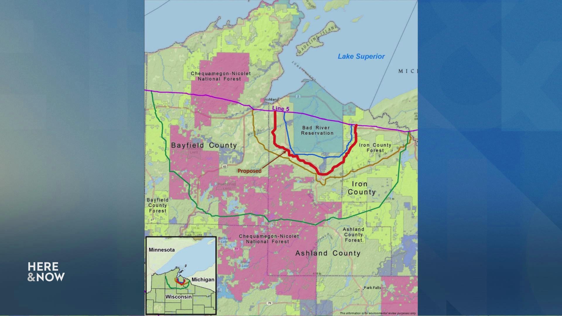A graphic of northern Wisconsin shows areas in various colors with a red line depicting an additional reroute to the Enbridge Line 5 pipeline.