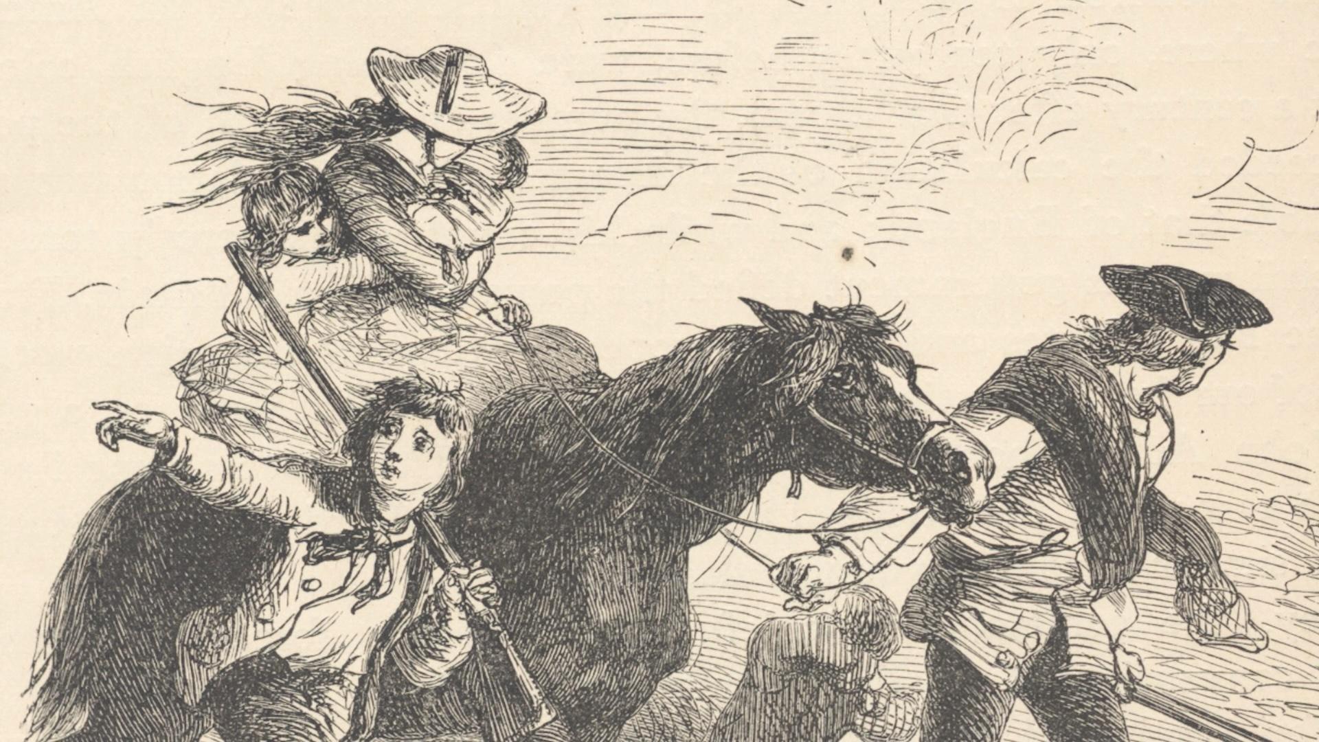 An archival image of a woman on a horse with a by walking next to her and a man leading the horse.