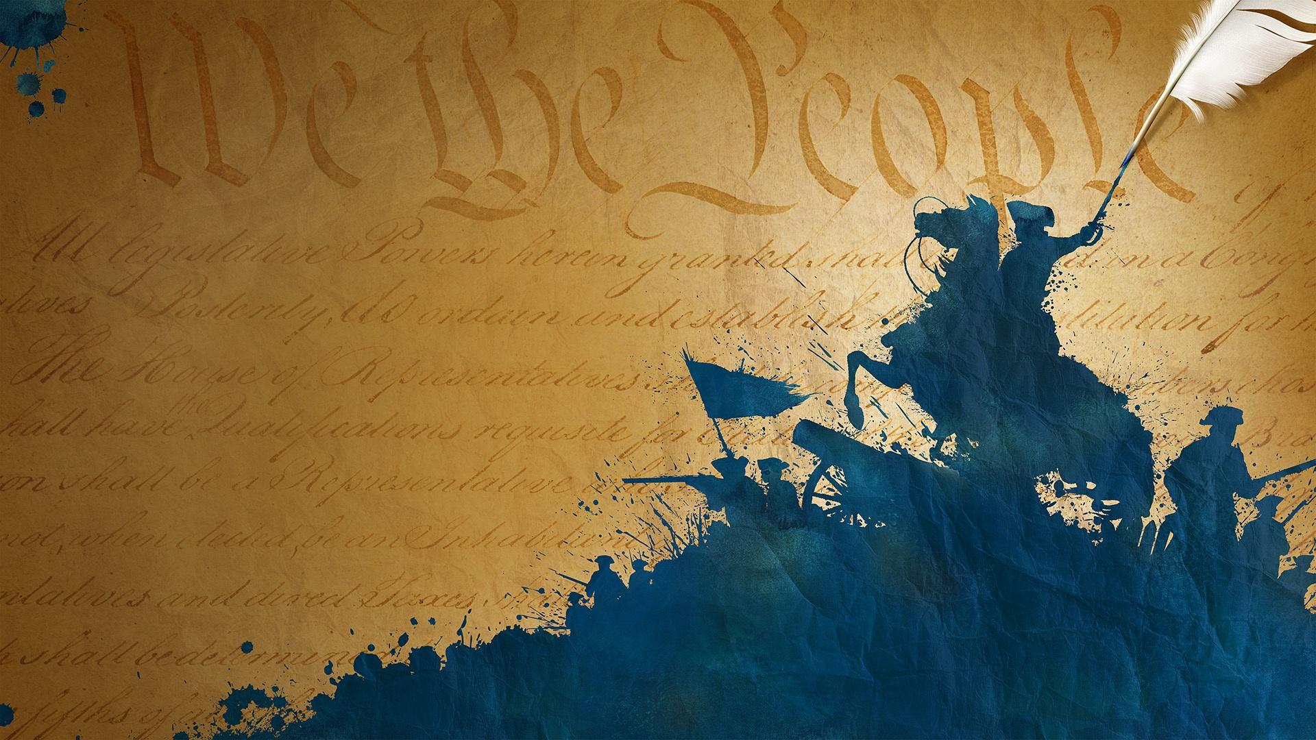 Silhouettes of revolutionary soldiers and horse overlaid on Constitution background.