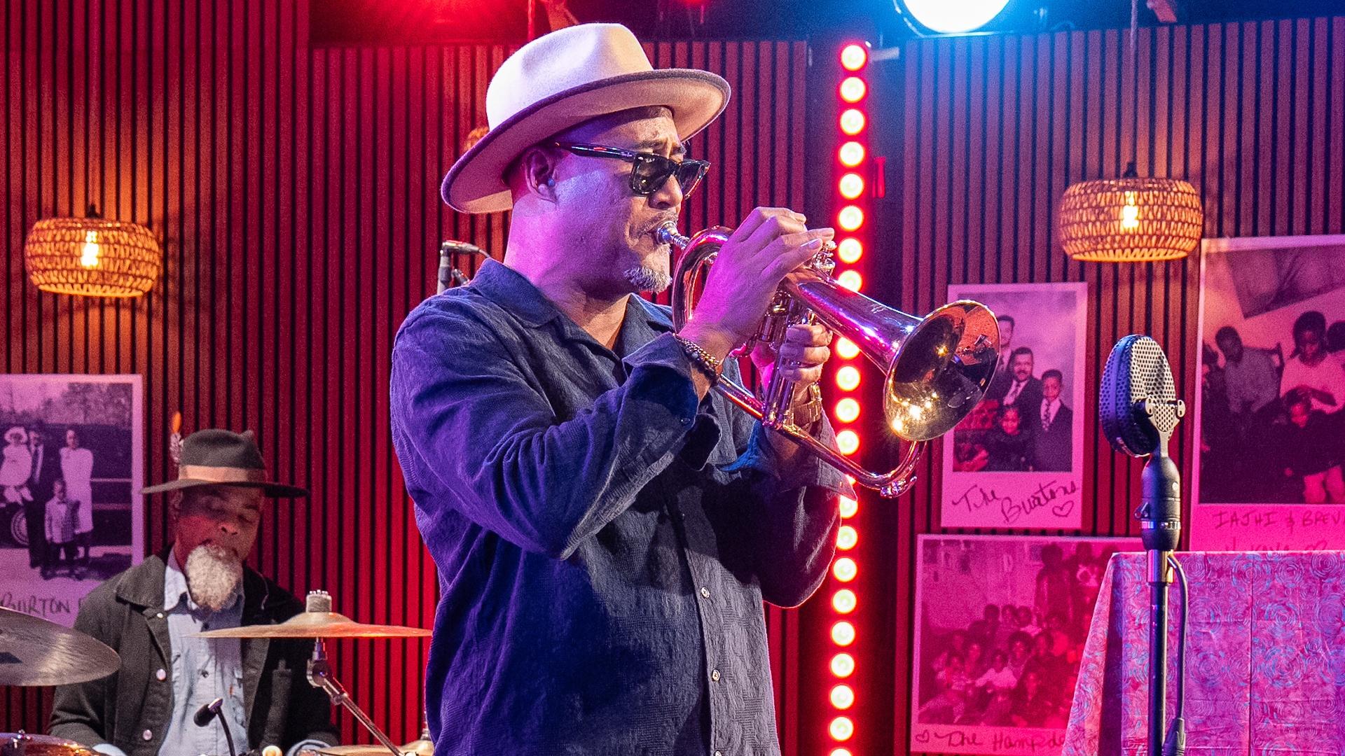 Durham-based jazz musician Al Strong plays the trumpet on the set of Shaped by Sound.
