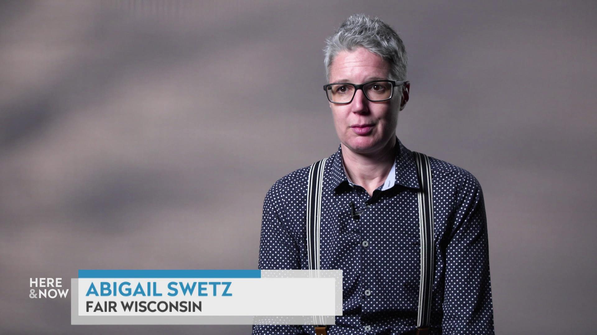 A still image shows Abigail Swetz seated in front of a background with a graphic at bottom reading 'Abigail Swetz' and 'Fair Wisconsin.'