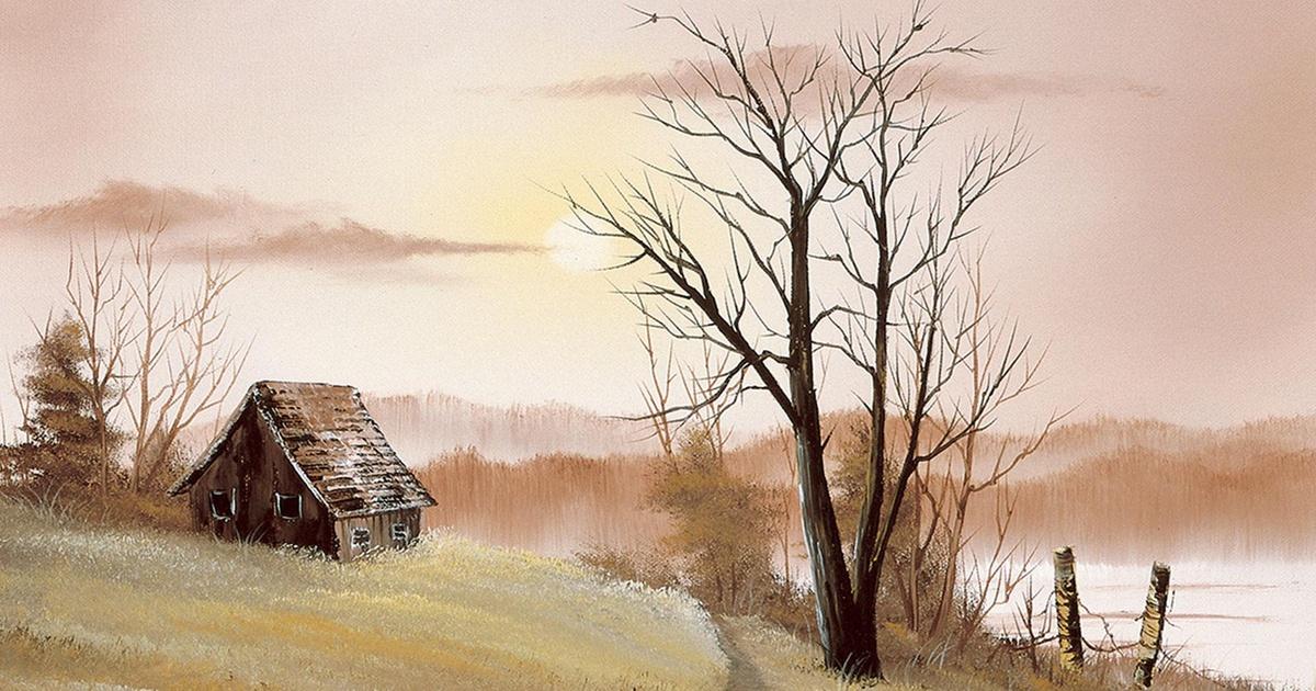 Bob Ross Golden Knoll painting showing a quiet cabin in an open landscape