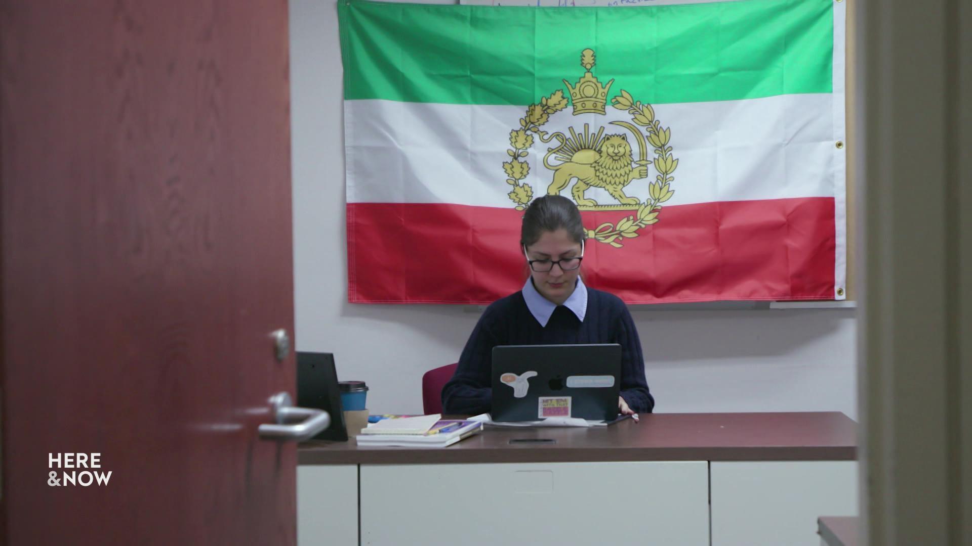 A still image shows Zara Fakhri seated at a desk on her laptop with a flag of Iran behind her.