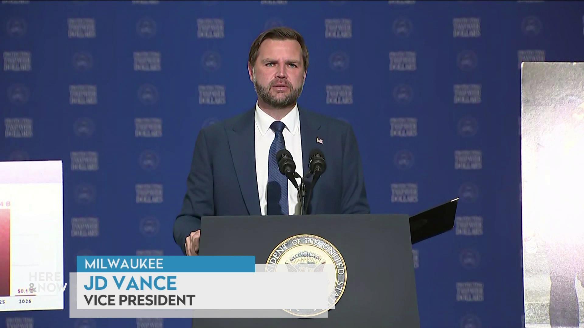 A still image shows JD Vance standing in front of a podium, with a graphic at the bottom that reads 'Milwaukee,' 'JD Vance' and 'Vice President.'