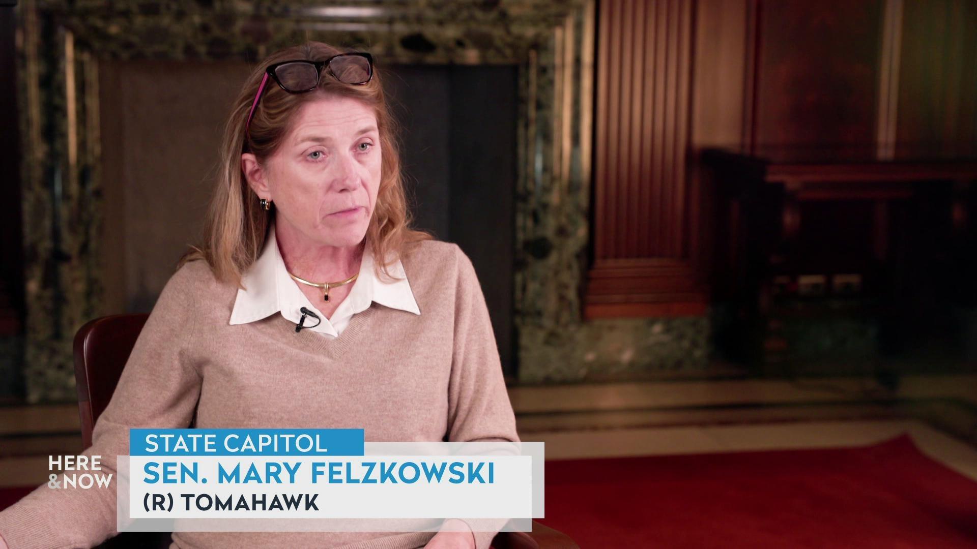 A still image shows Mary Felzkowski seated in front of a marbled fire place, with a graphic at the bottom that reads 'State Captiol,' 'Sen. Mary Felzkowski' and '(R) Tomahawk.' A still image shows Mary Felzkowski seated in front of a marbled fire place, with a graphic at the bottom that reads 'State Captiol,' 'Sen. Mary Felzkowski' and '(R) Tomahawk.'