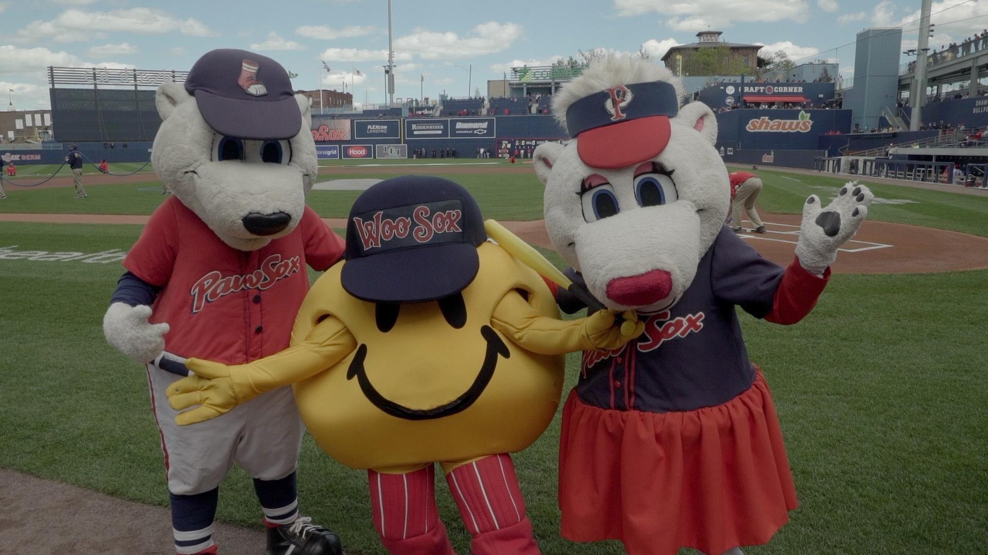 the pawsox mascot, Paws, the PawSox mascot between innings.…